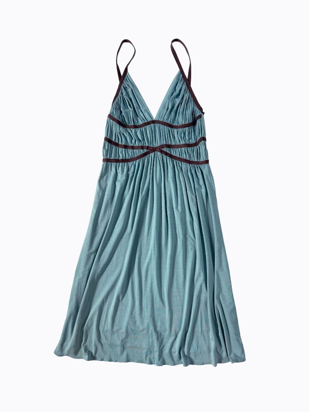 Vtg Michelle Jonas Babydoll Dress S Blue Brown Trim Y2K Modal Empire Waist Midi